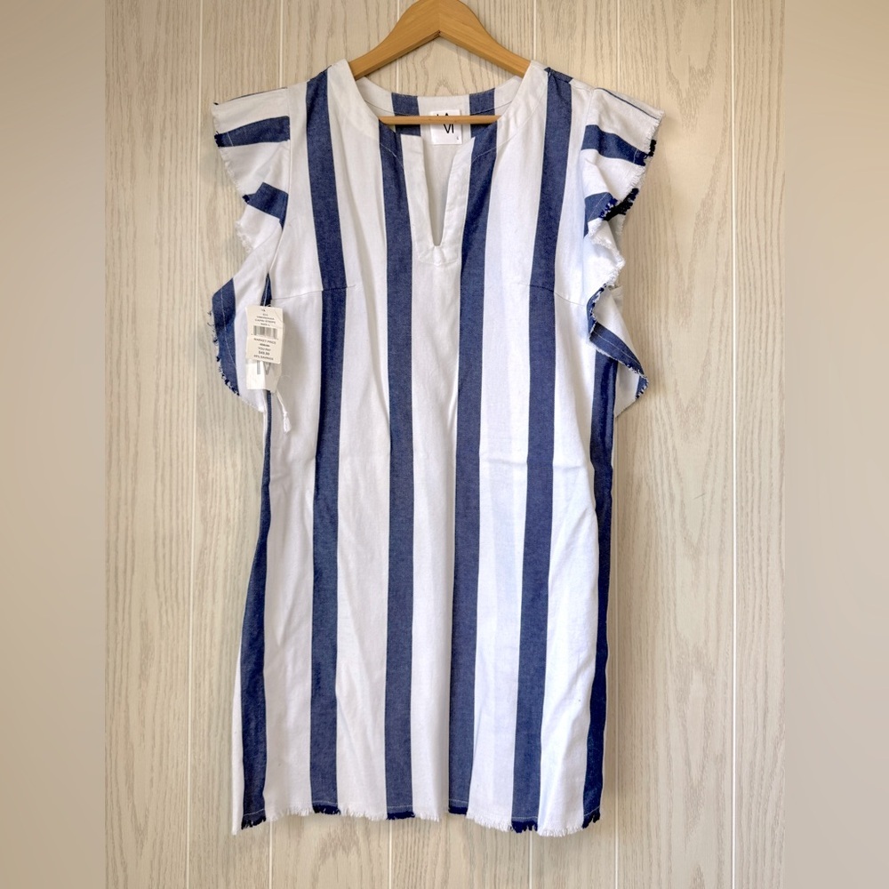 LA VI Blue & White Striped Fringe Detail Top Size L NWT